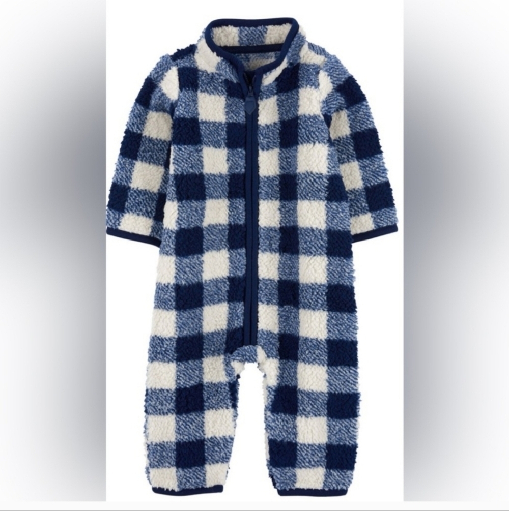 NWT Carter's Fleece Navy Plaid Zip-Up 1 Piece Bodysuit ~9M